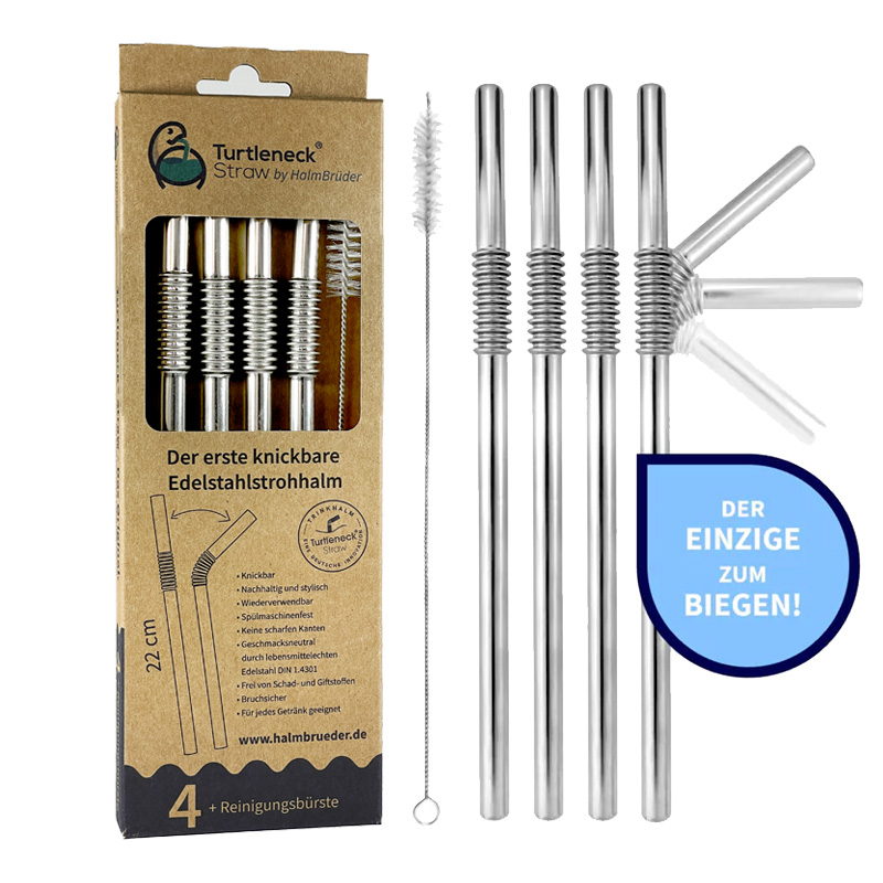 Turtleneck® Straw - Biegsamer Trinkhalm aus Edelstahl, 4er-Set